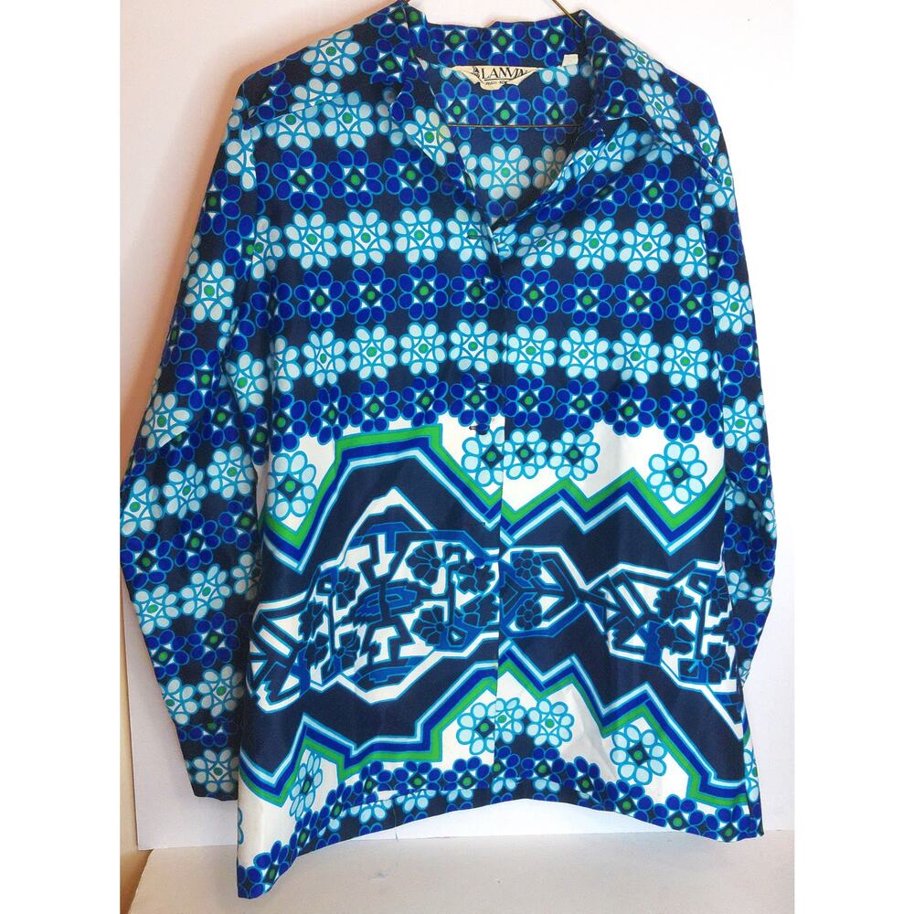 Vtg 70s Lanvin Paris Psychedelic Op Art Mod Graphic Dagger Collar Blouse 18 READ - Picture 11 of 11